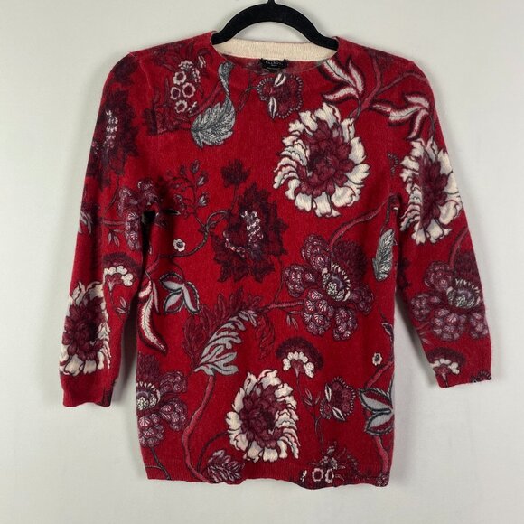 Talbots Pure Cashmere Sweater Size Petite Medium Red Floral 3/4 Sleeves Crew - Picture 1 of 9